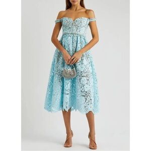 Self-Portrait Light Blue Lace Off-Shoulder Midi Dress size 6 NWT.